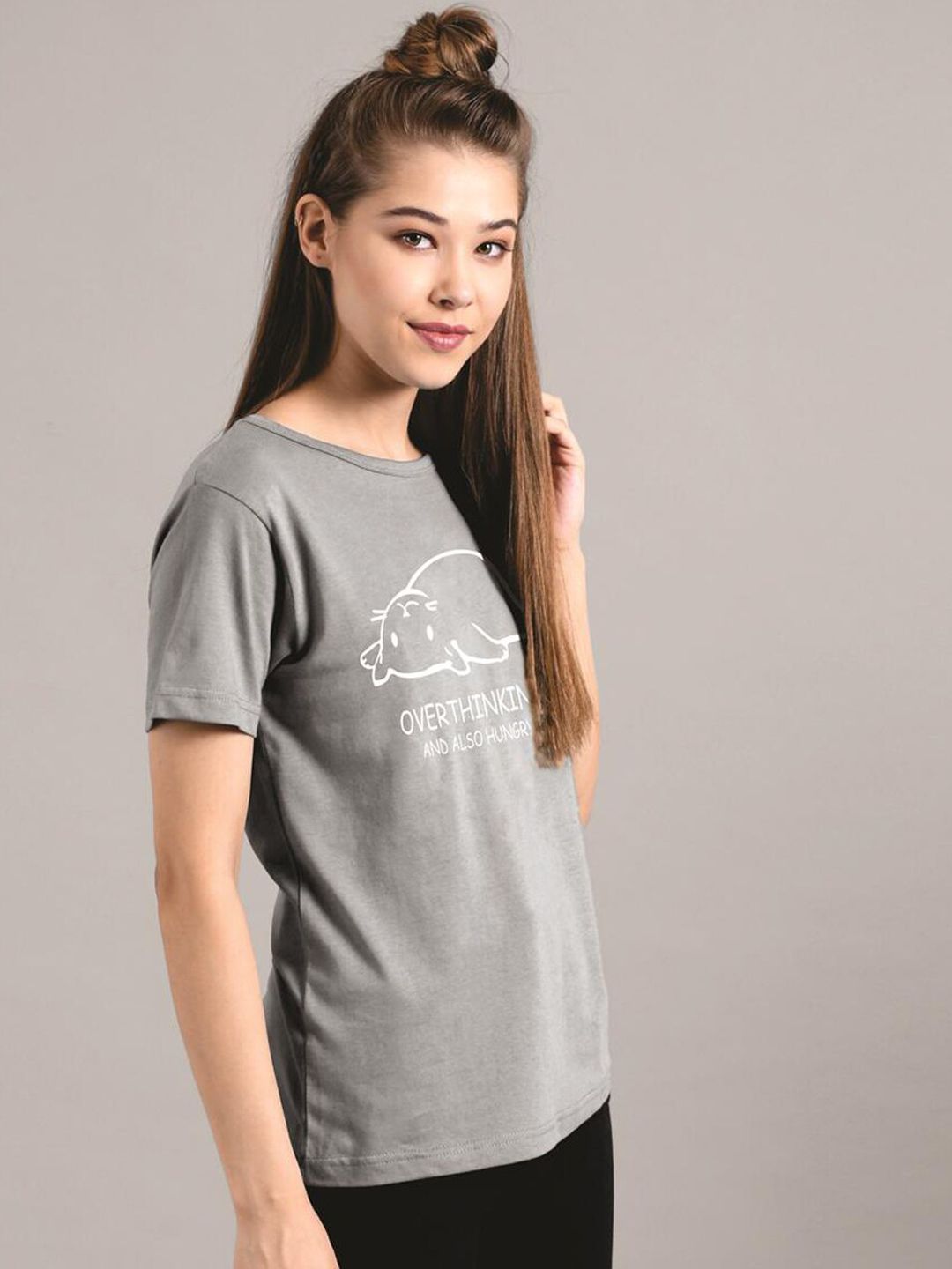 Kotty Women Grey Printed Round Neck T-shirt