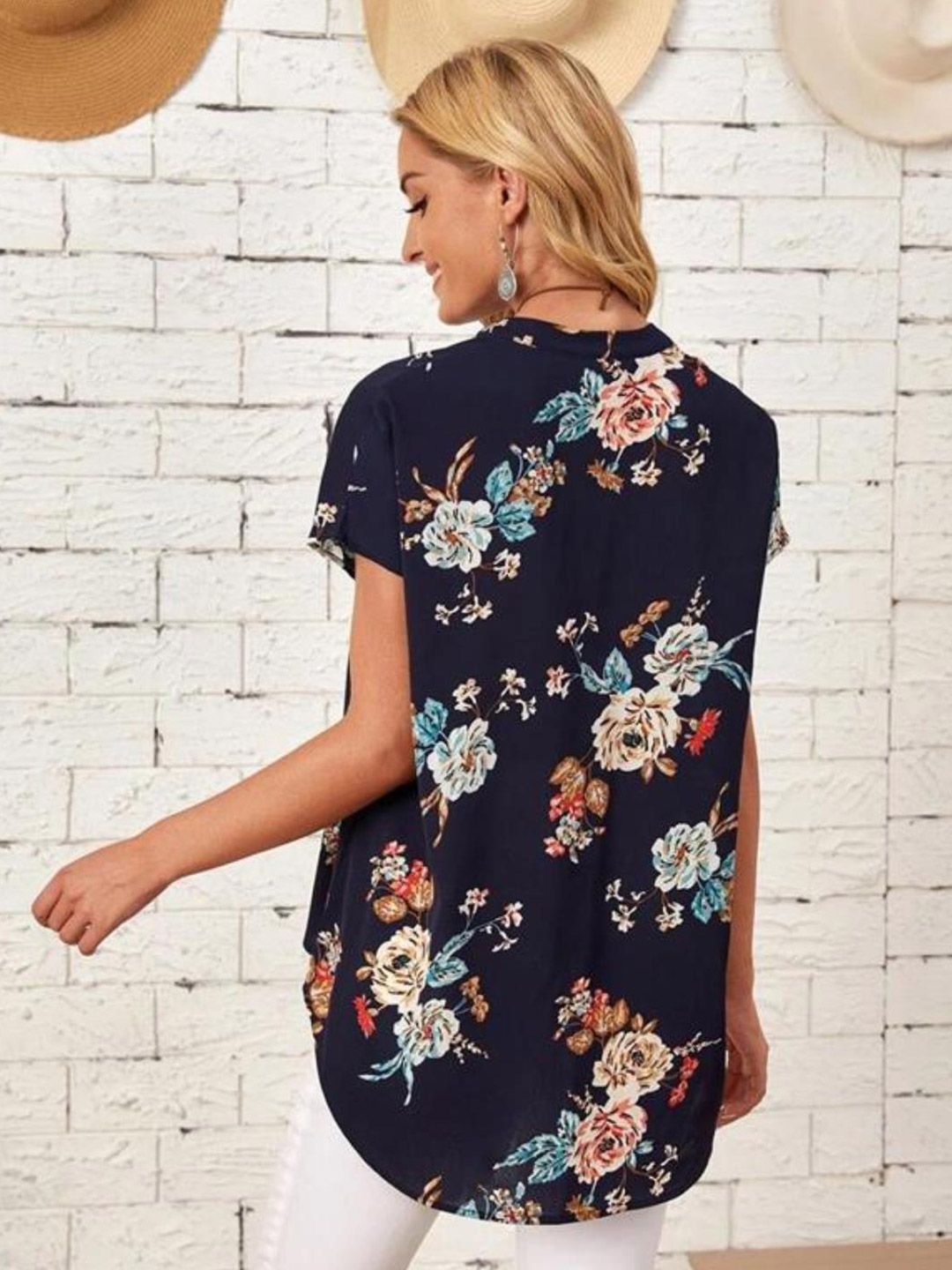 Kotty Navy Blue Floral Print Mandarin Collar Crepe Top