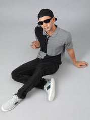 Kotty Grey & Black Colourblocked Polo Collar T-shirt