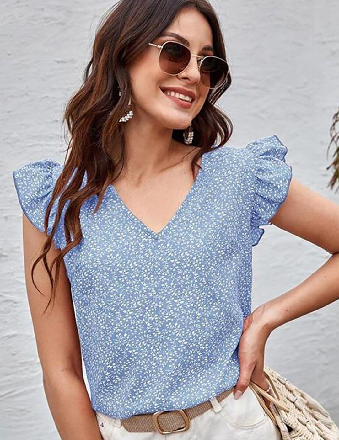 Kotty Blue Floral Printed Flutter Sleeve Top