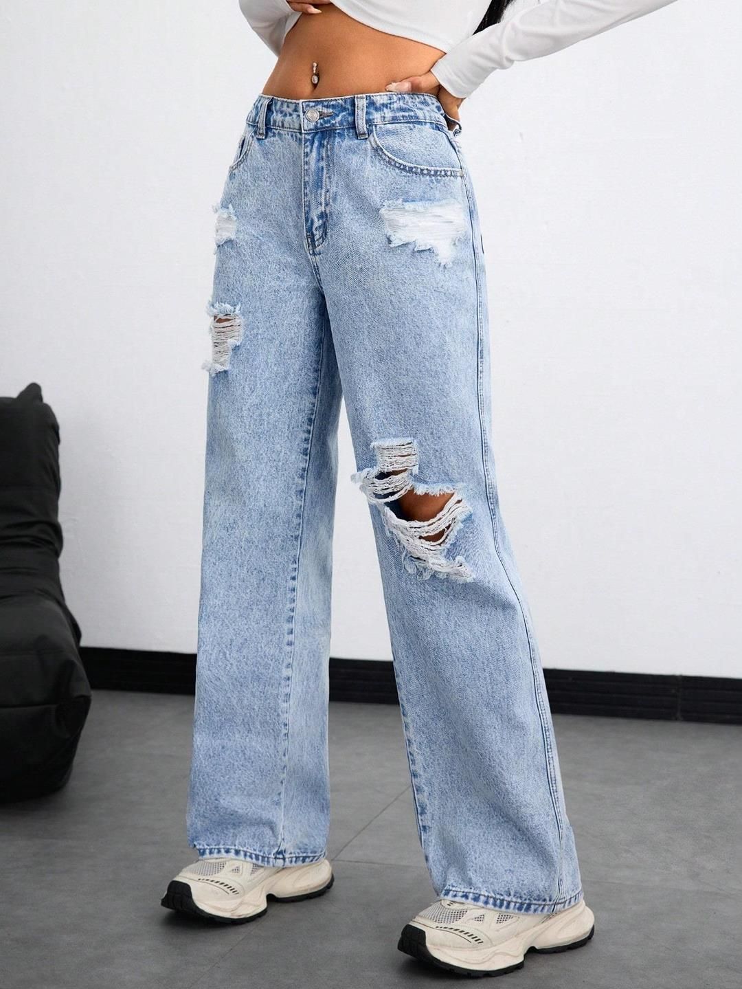 Kotty Women Straight Fit High-Rise Highly Distressed Stretchable Jeans