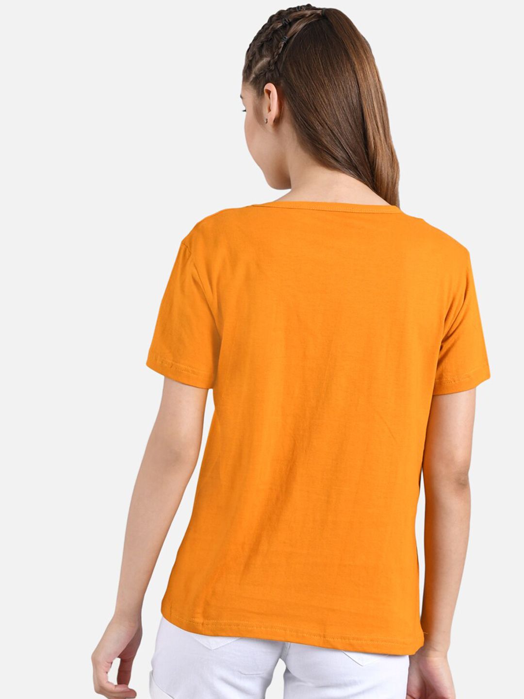 Kotty Women Orange & White Printed Round Neck T-shirt