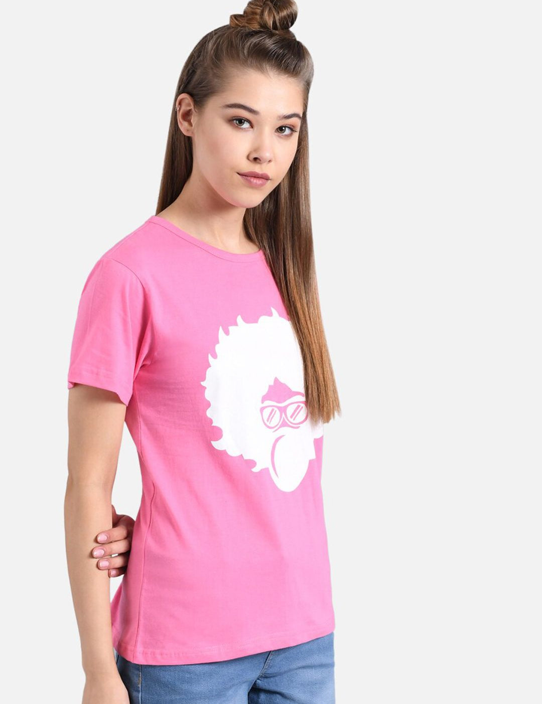 Kotty Women Pink & White Printed Round Neck T-shirt