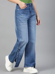 Kotty Women Jean Wide Leg High-Rise Light Fade Stretchable Side Slits Jeans
