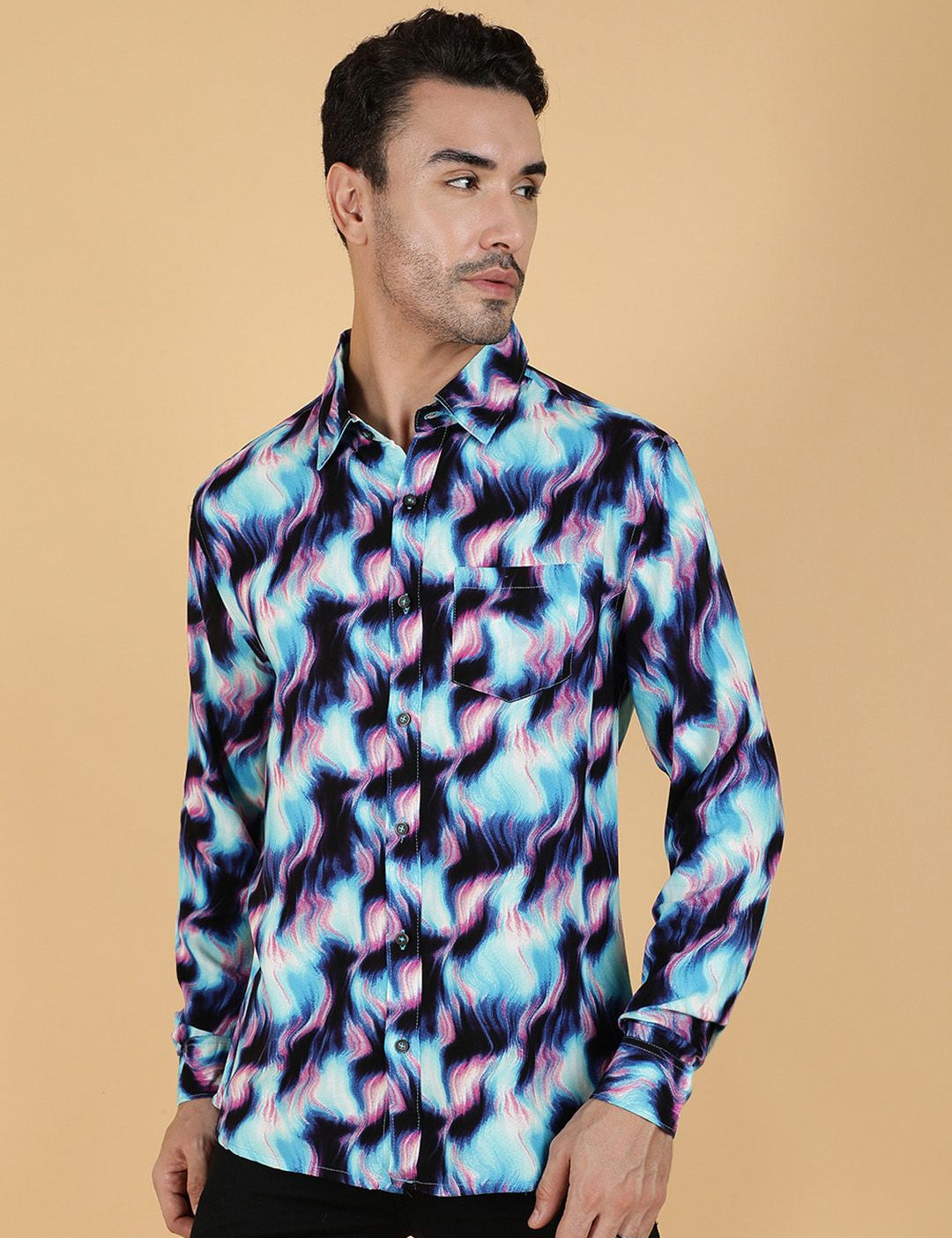Kotty Men Relaxed Spread Collar Graphic Printed Cotton Casual Shirt