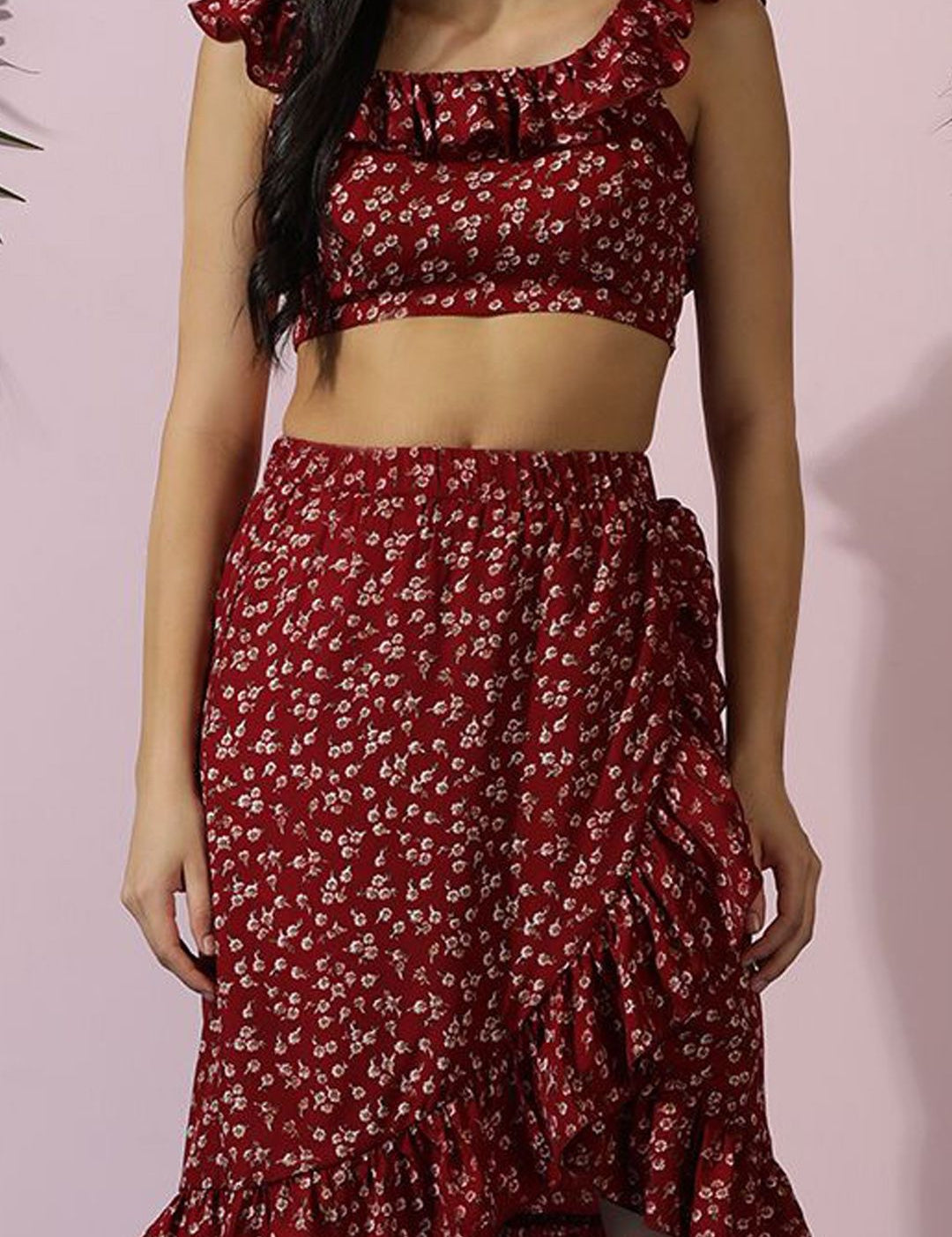 Kotty Maroon Floral Printed Sleeveless Top With Skirt