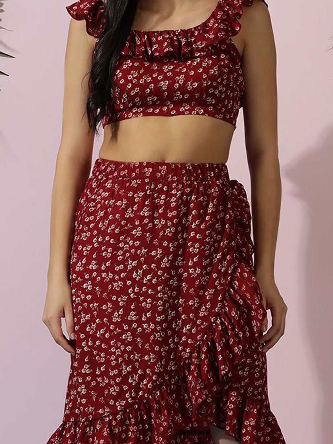 Kotty Maroon Floral Printed Sleeveless Top With Skirt