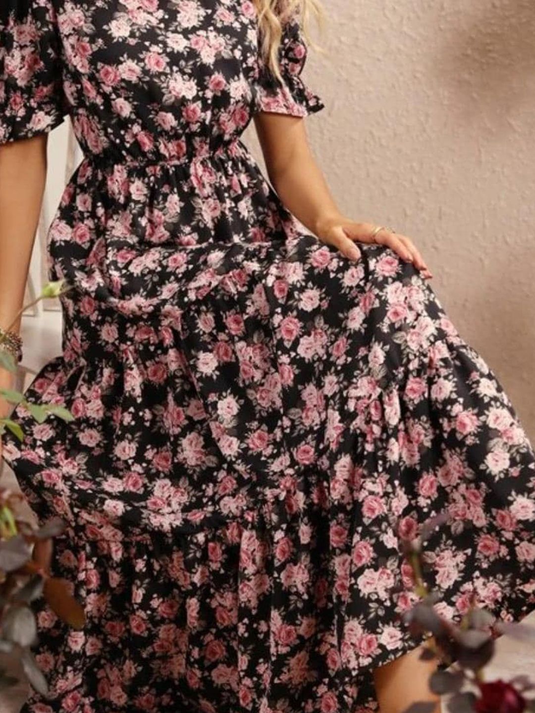 Kotty Black & Pink Floral Printed Puffed Sleeves Tiered Fit & Flare Midi Dress