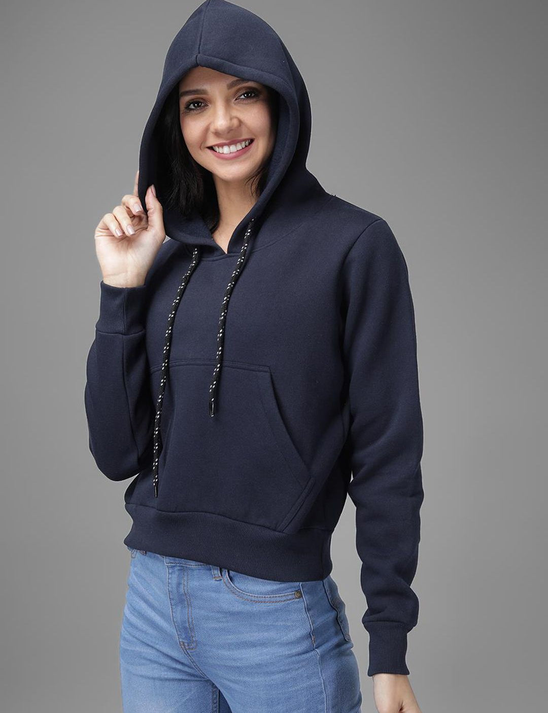 Kotty Women Blue Solid Hooded Sweatshirt