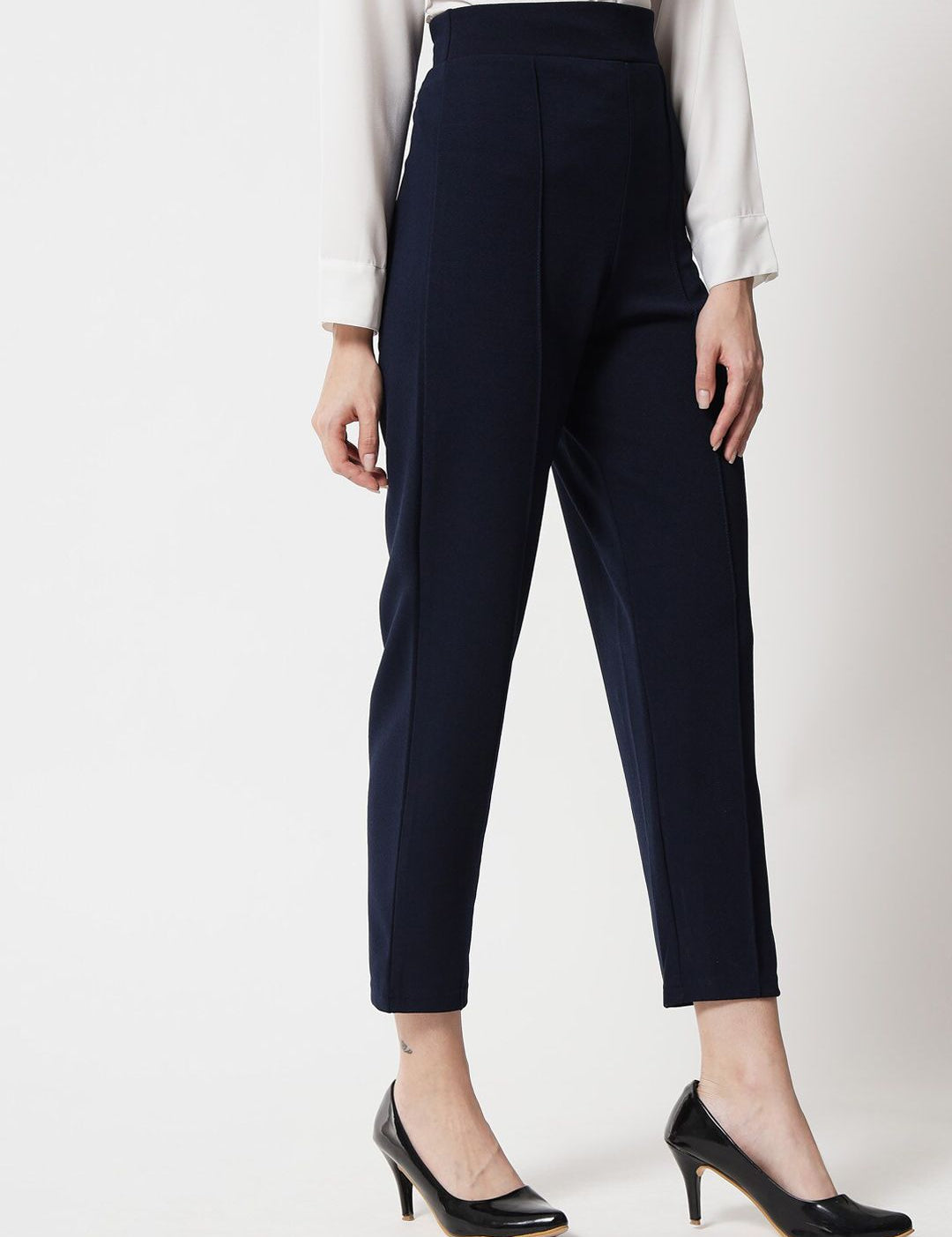 Kotty Women Navy Blue Relaxed Straight Fit High-Rise Easy Wash Trouser