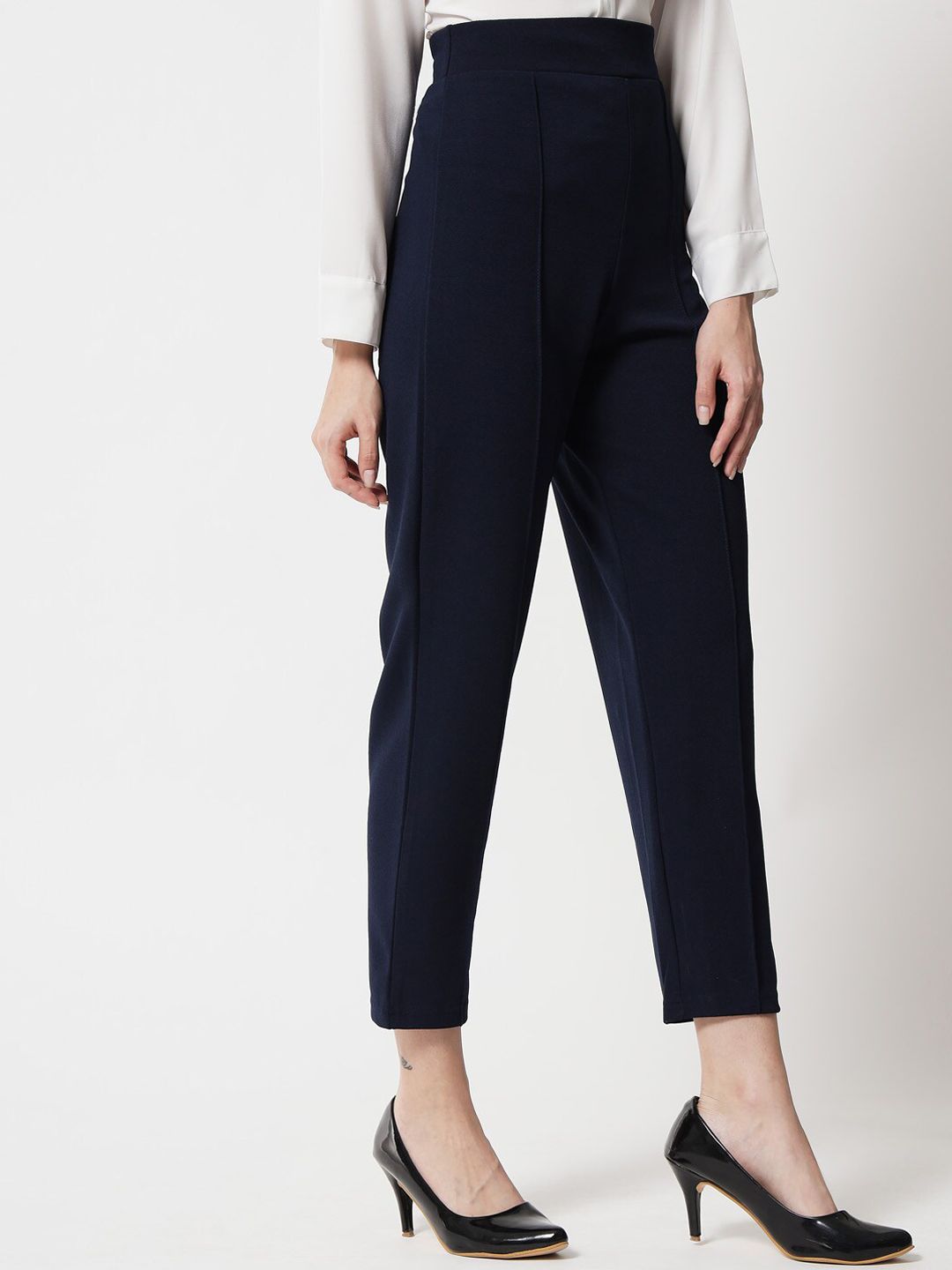 Kotty Women Navy Blue Relaxed Straight Fit High-Rise Easy Wash Trouser