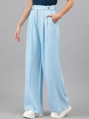 Kotty Women Blue Relaxed Straight Leg Straight Fit Easy Wash Pleated Trousers