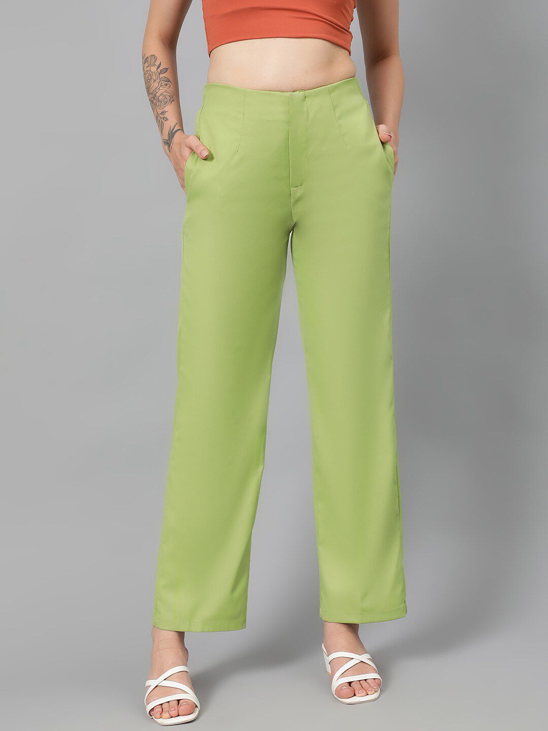 Kotty Women Green Relaxed Straight Leg Fit High-Rise Easy Wash Parallel Trousers