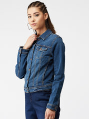 Kotty Women Navy Blue Solid Denim Jacket
