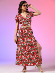 Kotty Red Floral Printed V-Neck Top With Skirt