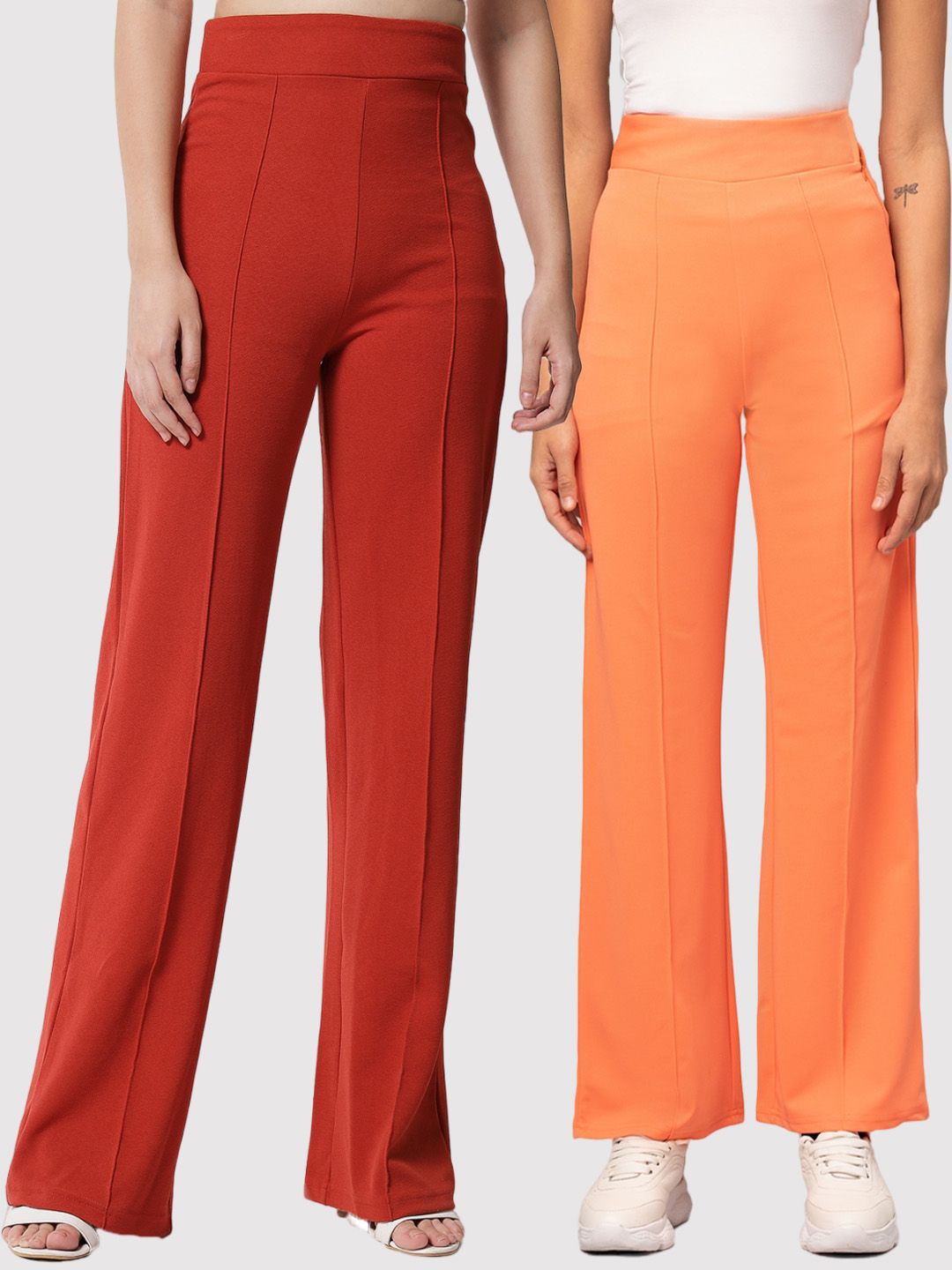 Kotty Women Pack Of 2 Relaxed Straight Leg High-Rise Easy Wash Parallel Trousers