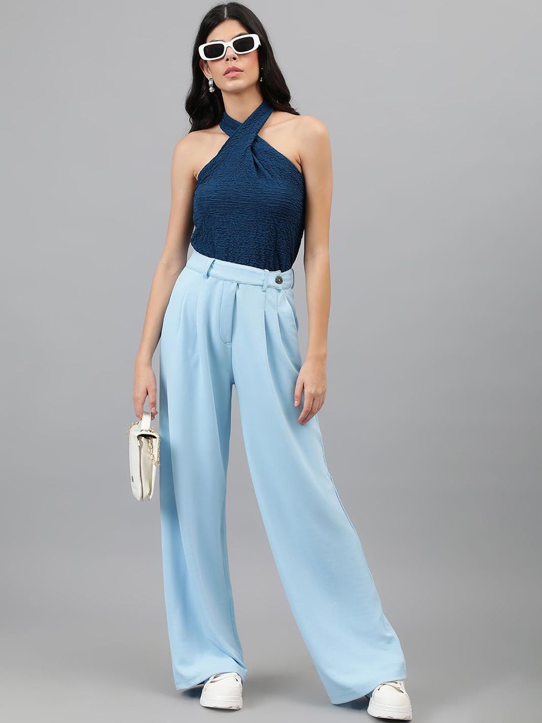 Kotty Women Blue Relaxed Straight Leg High-Rise Easy Wash Pleated Parallel Trousers