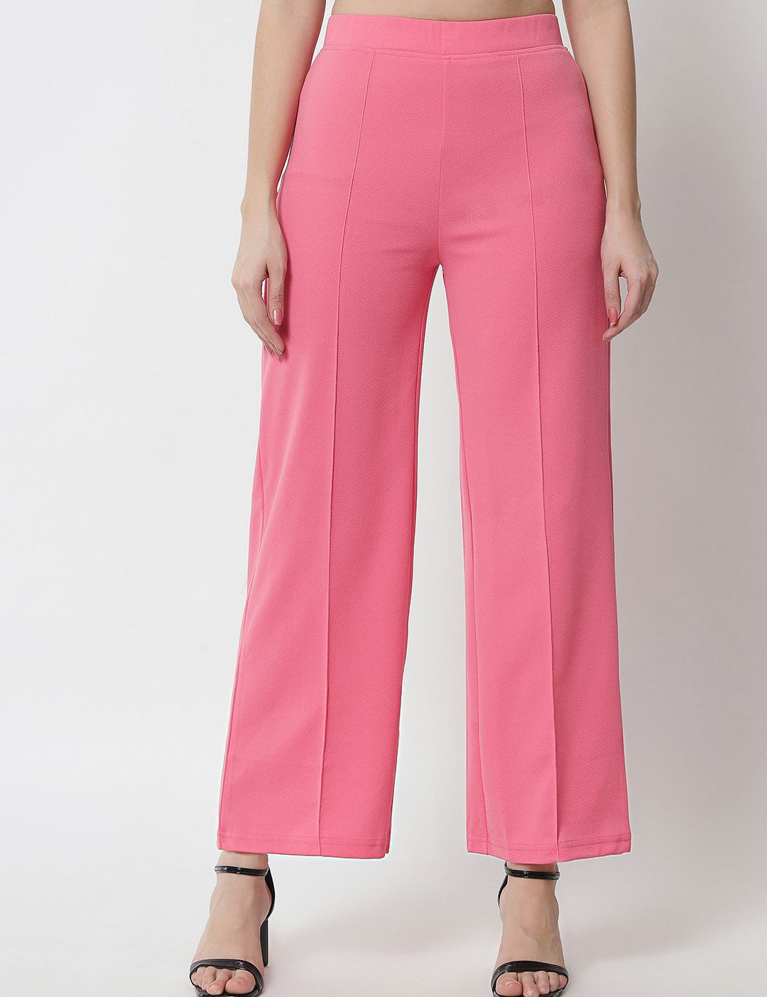 Kotty Women Pink Solid Relaxed Straight Fit High-Rise Parallel Trousers