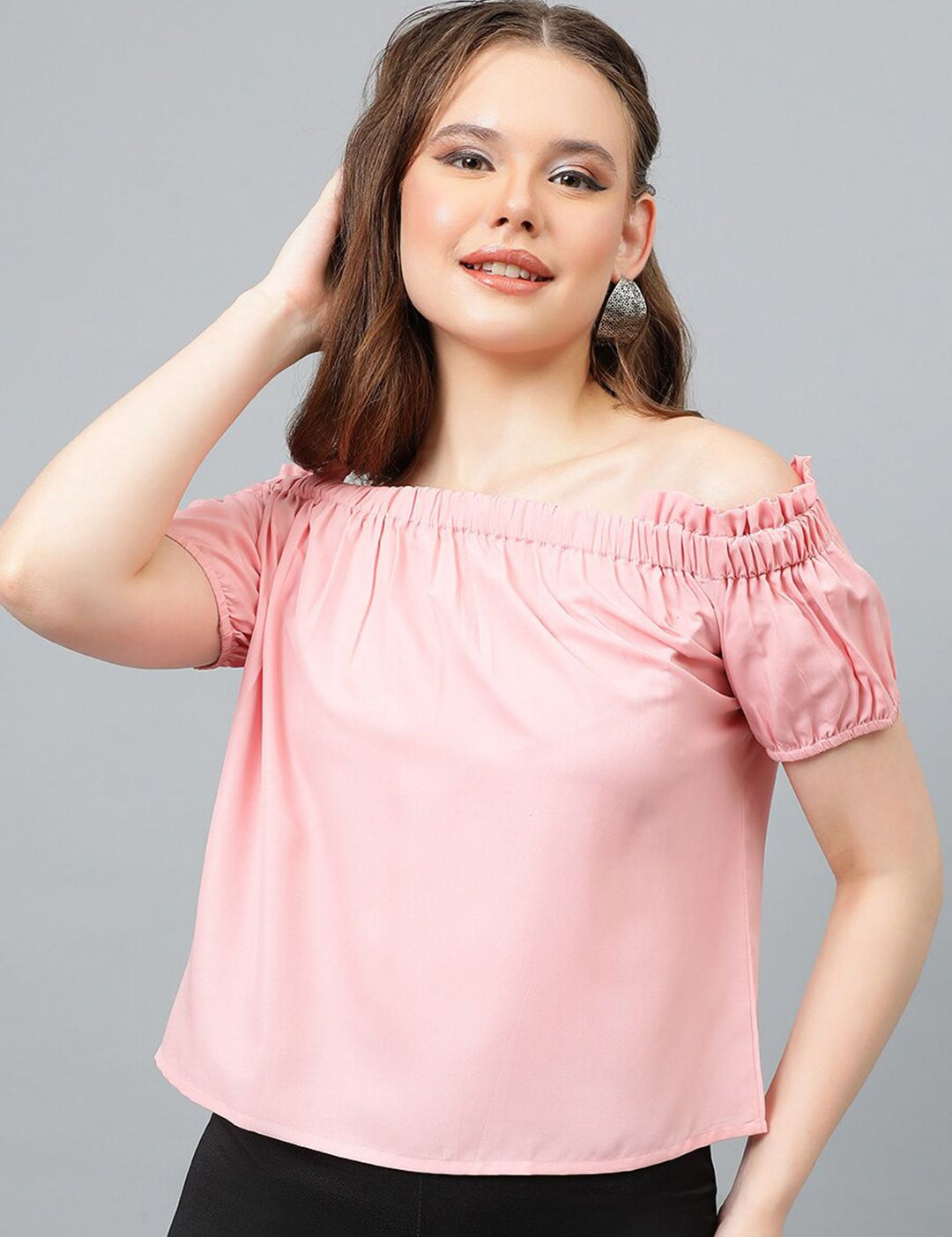 Kotty Pink Off-Shoulder Puff Sleeves Bardot Top