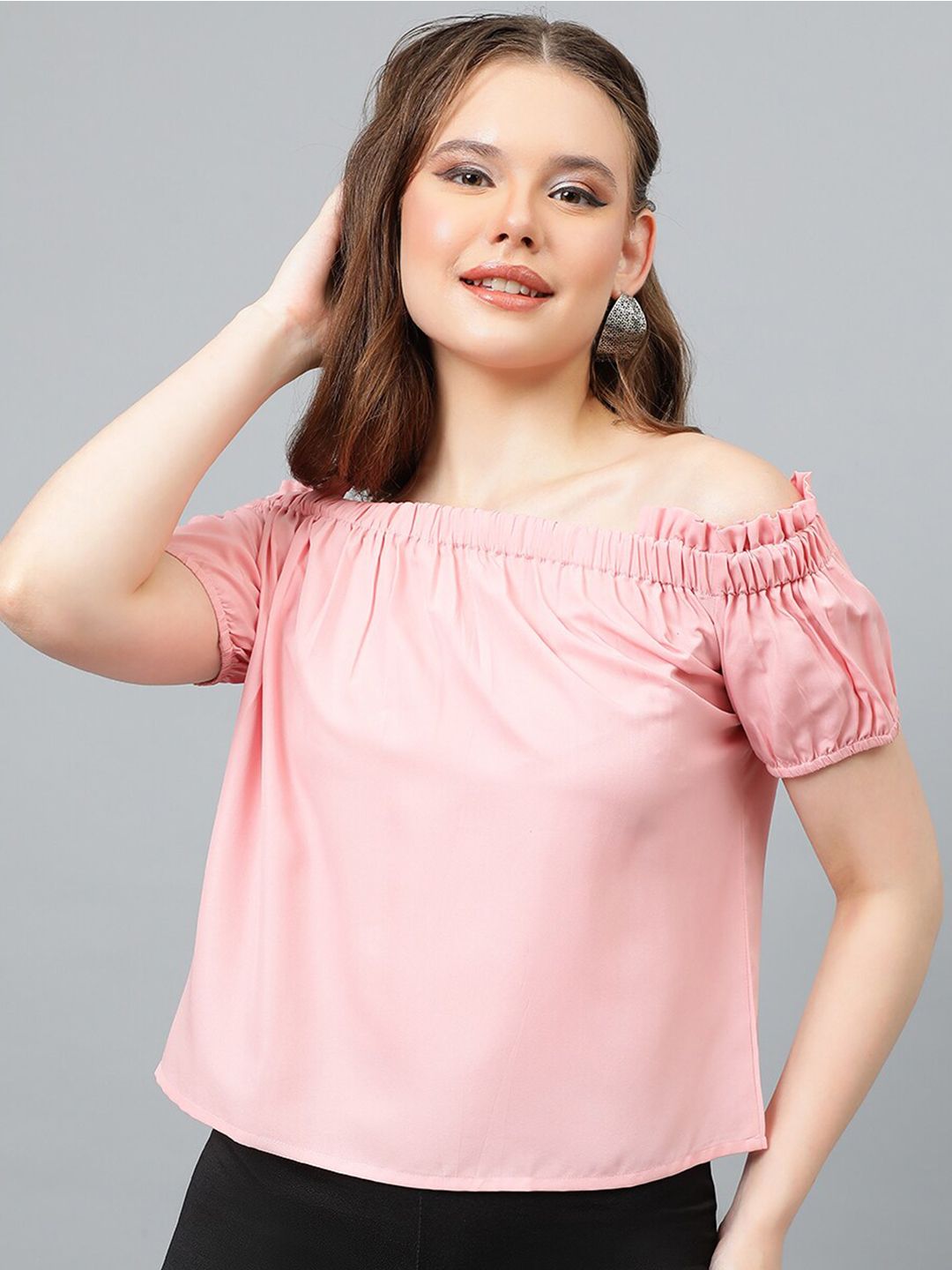Kotty Pink Off-Shoulder Puff Sleeves Bardot Top