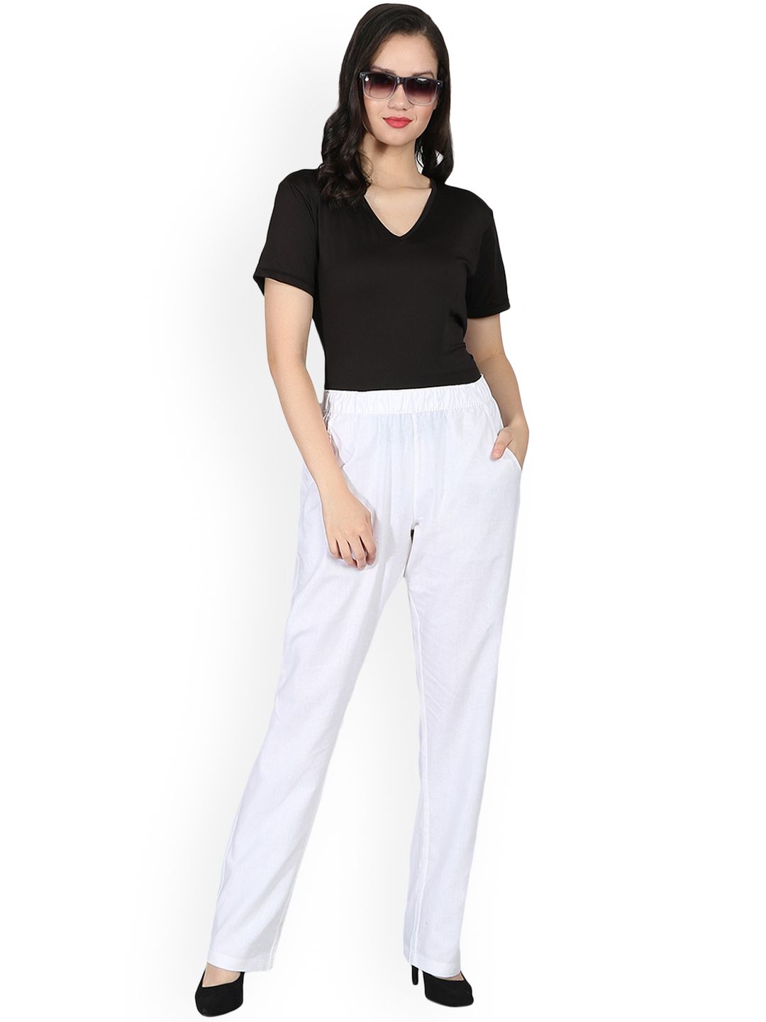 Kotty Women White Regular Fit Solid Linen Regular Trousers