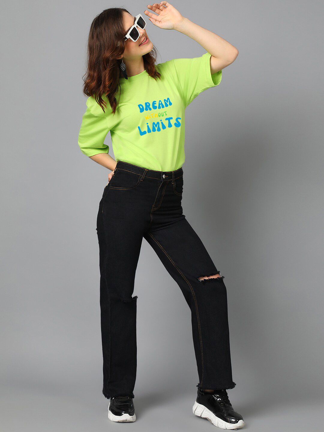 Kotty Green Typography Printed Drop-Shoulder Sleeves Oversized T-shirt