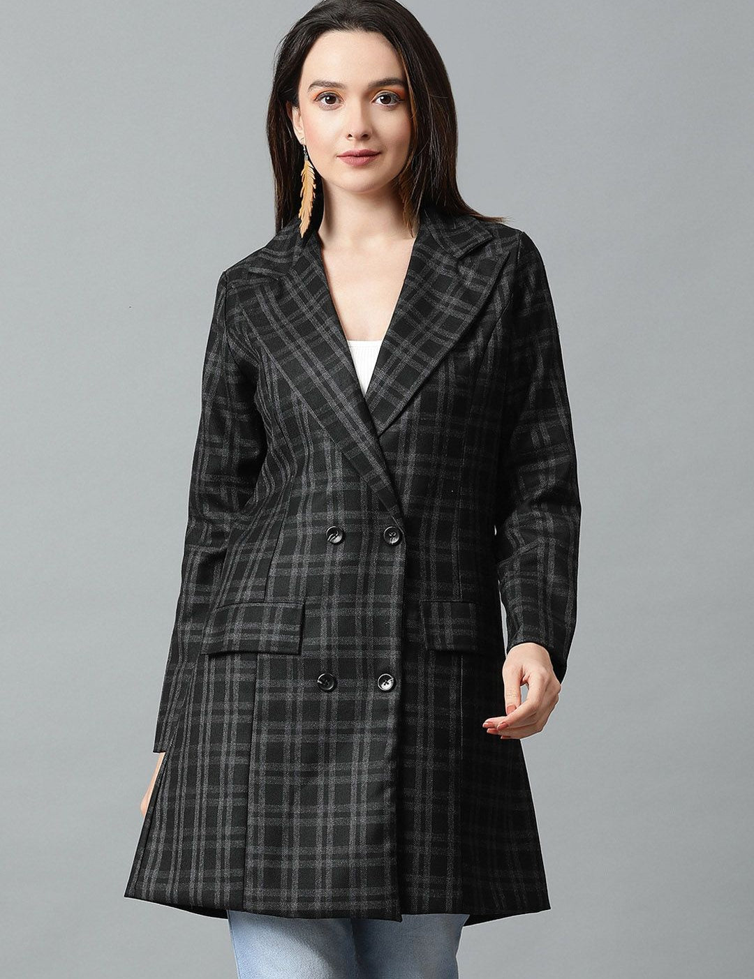 KOTTY BIZwear Black Checked Double-Breasted Overcoat