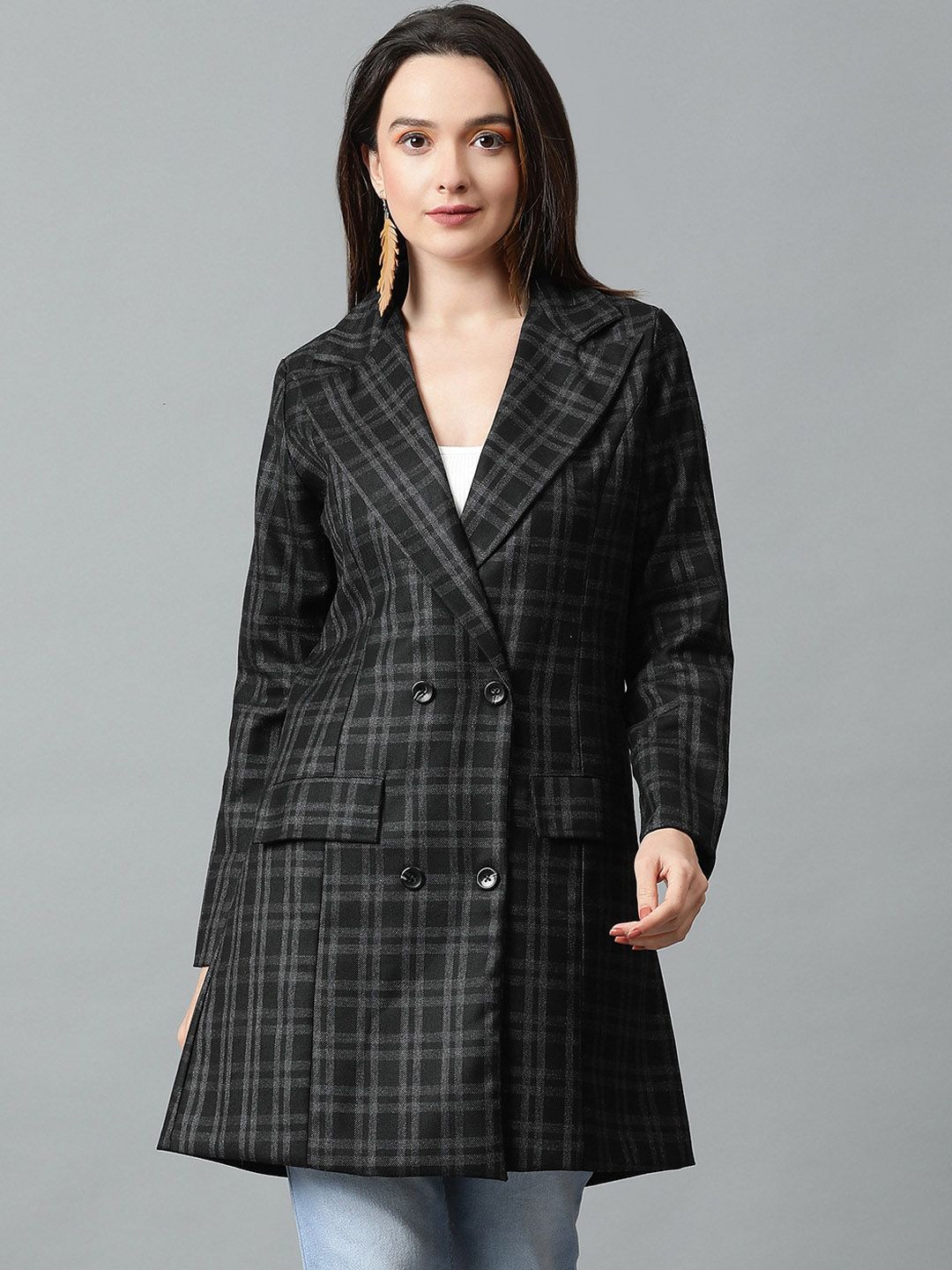 KOTTY BIZwear Black Checked Double-Breasted Overcoat