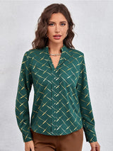 Kotty Geometric Printed Mandarin Collar Satin Shirt Style Top
