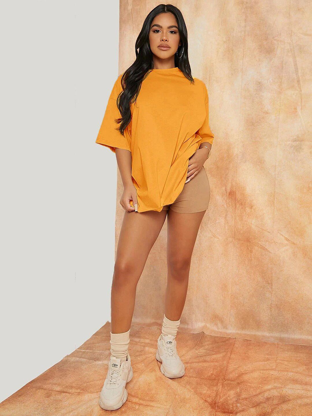 KOTTY Basics Round Neck Drop-Shoulder Sleeves Oversized Fit Cotton T-Shirt