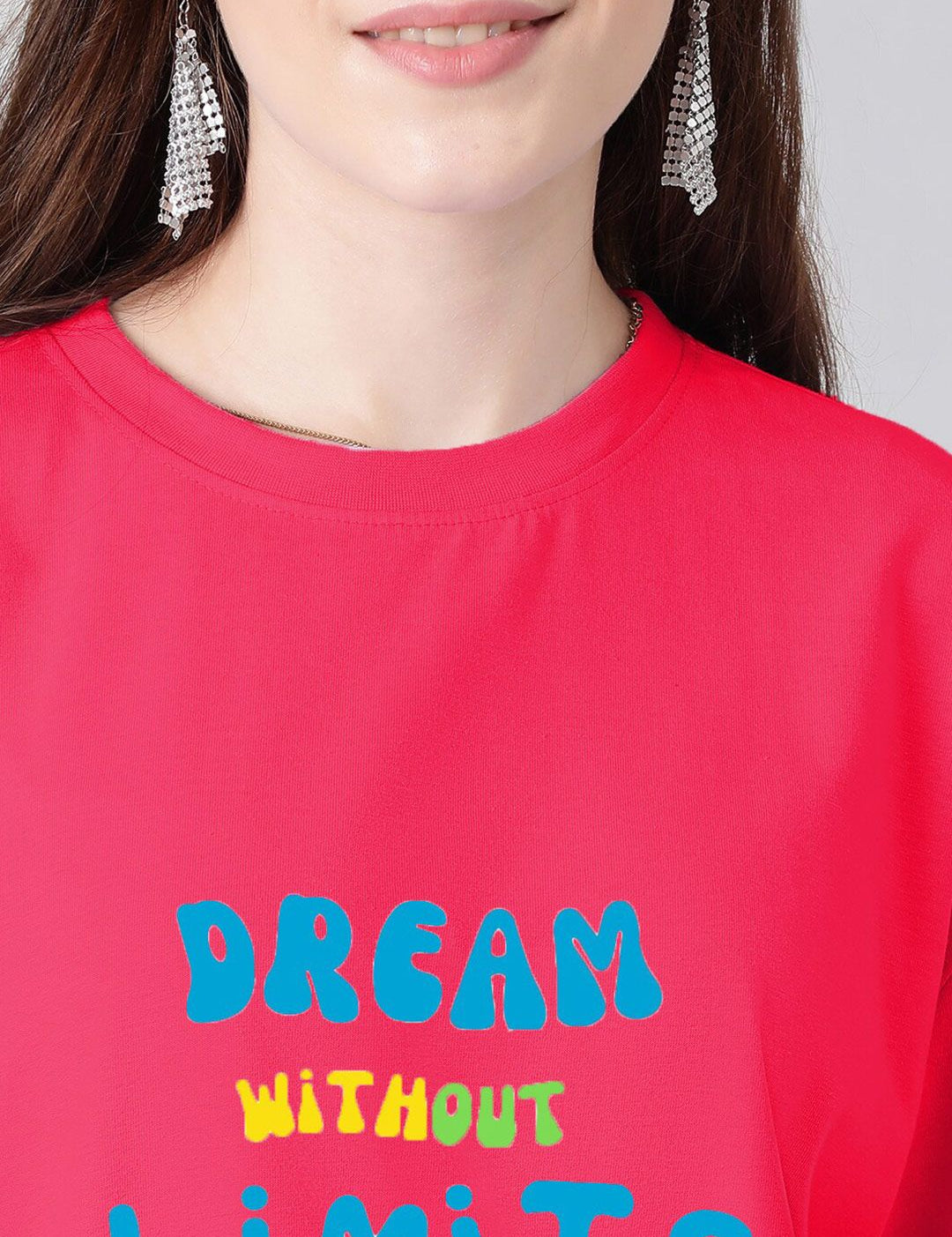 Kotty Pink & Blue Typography Printed Drop Shoulder Sleeves Oversized Casual T-Shirt