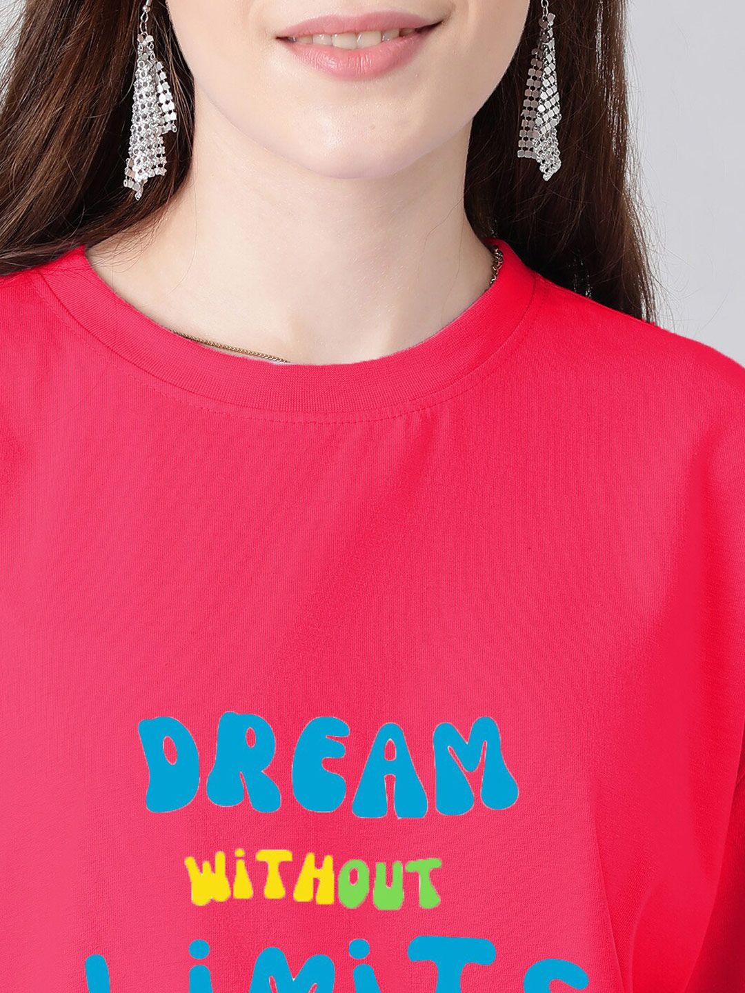 Kotty Pink & Blue Typography Printed Drop Shoulder Sleeves Oversized Casual T-Shirt
