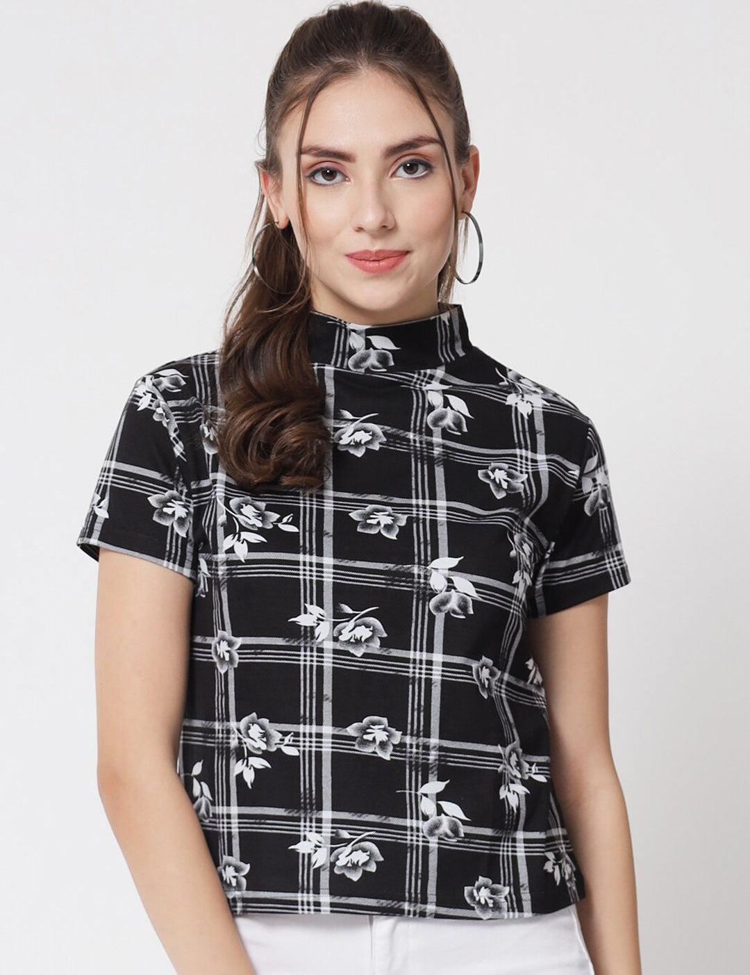 Kotty Black & White Floral Print Monochrome Boxy Crop Top