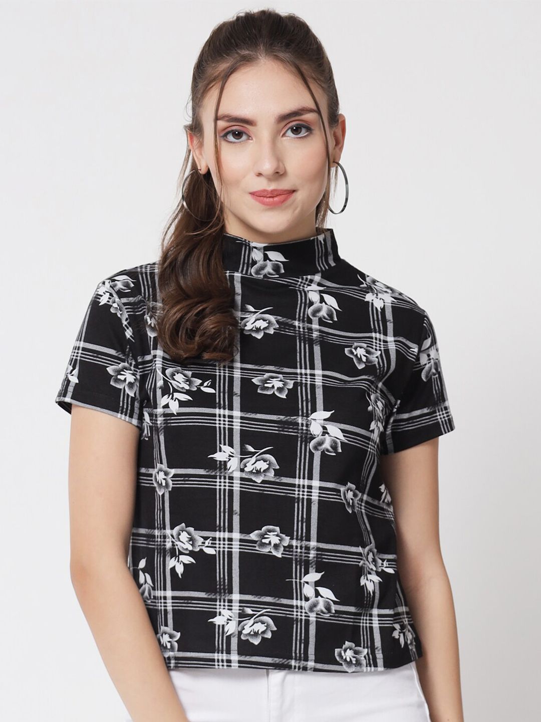 Kotty Black & White Floral Print Monochrome Boxy Crop Top