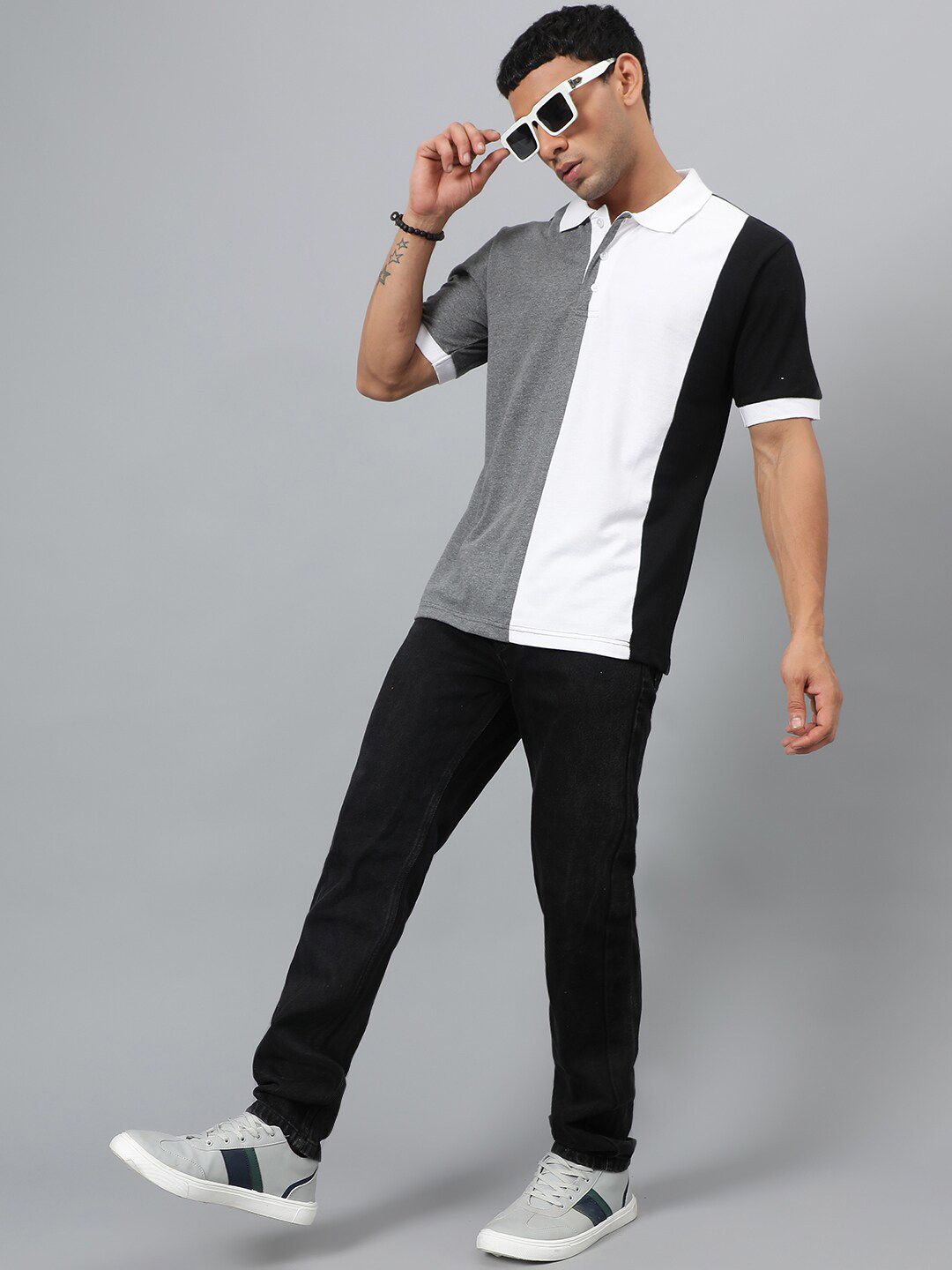 Kotty White & Grey Colourblocked Polo Collar T-shirt