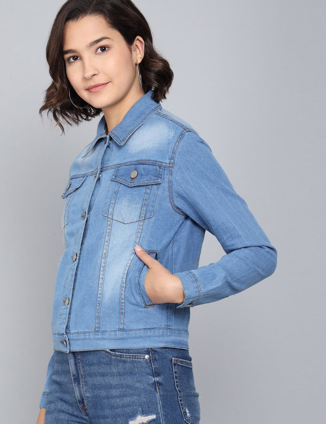Kotty Women Blue Washed Colourblocked Denim Jacket
