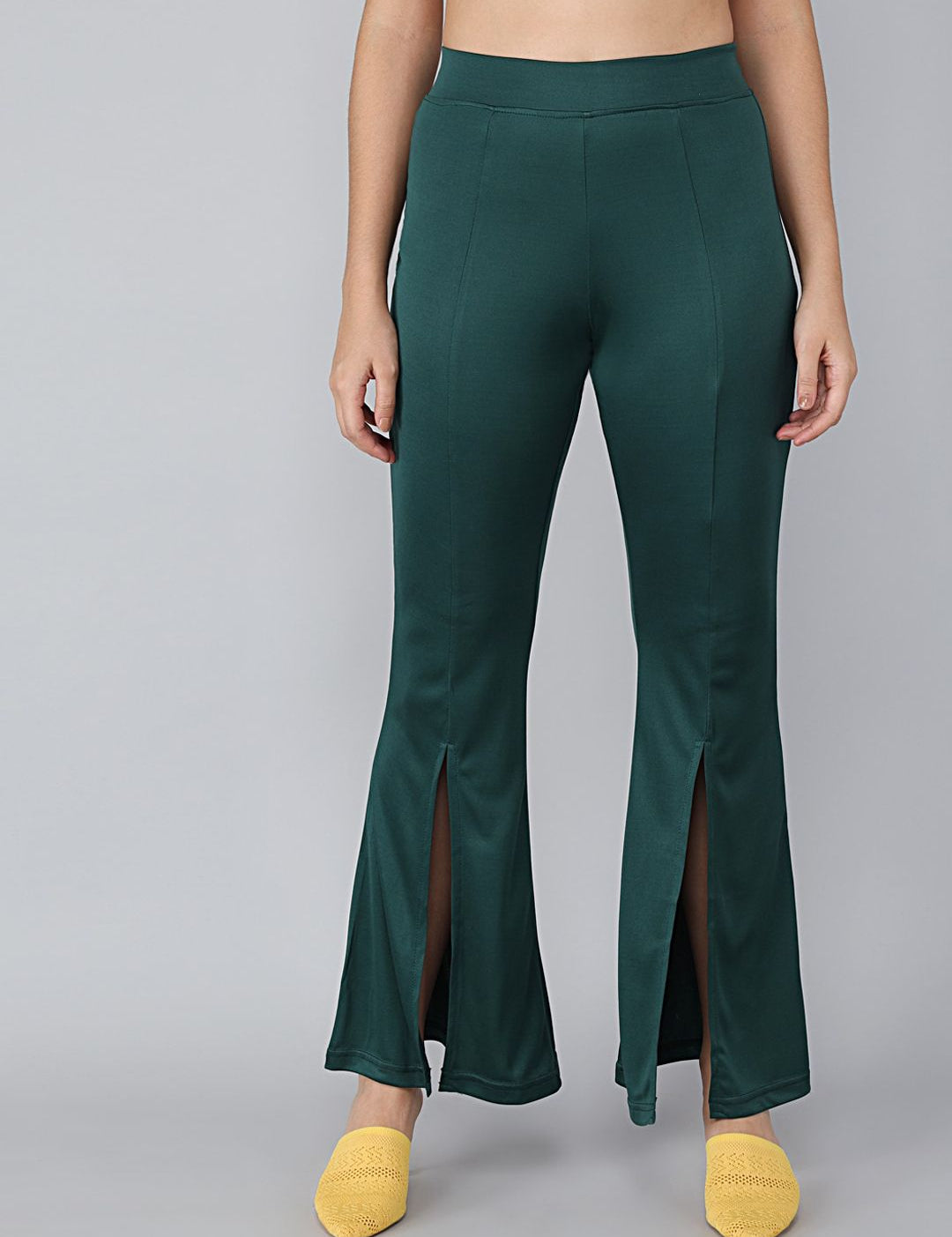 Kotty Women Green Solid Flared High-Rise Bootcut Trousers
