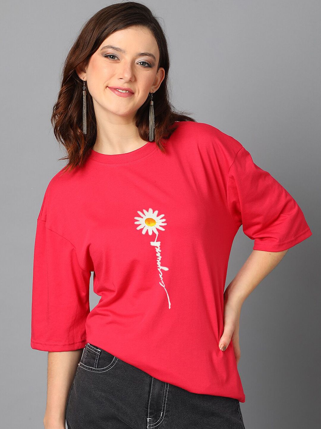 Kotty Red Typography Printed Drop-Shoulder Sleeves Oversized T-shirt