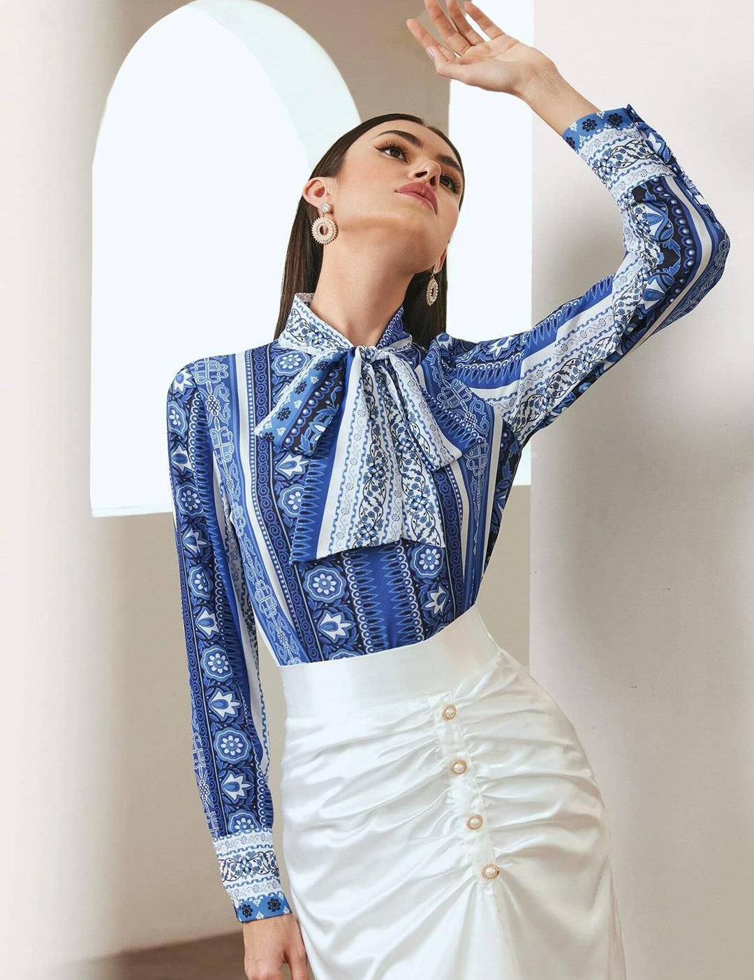 Kotty Ethnic Motifs Printed Tie-Up Neck Satin Shirt Style Top
