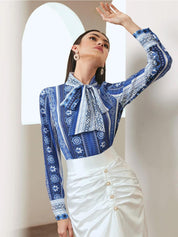 Kotty Ethnic Motifs Printed Tie-Up Neck Satin Shirt Style Top