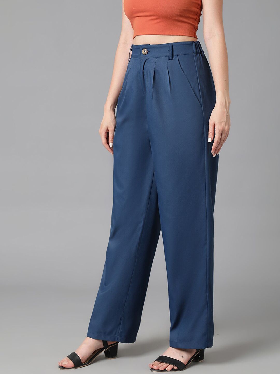 Kotty Women Navy Blue Relaxed Straight Leg High-Rise Easy Wash Pleated Trousers