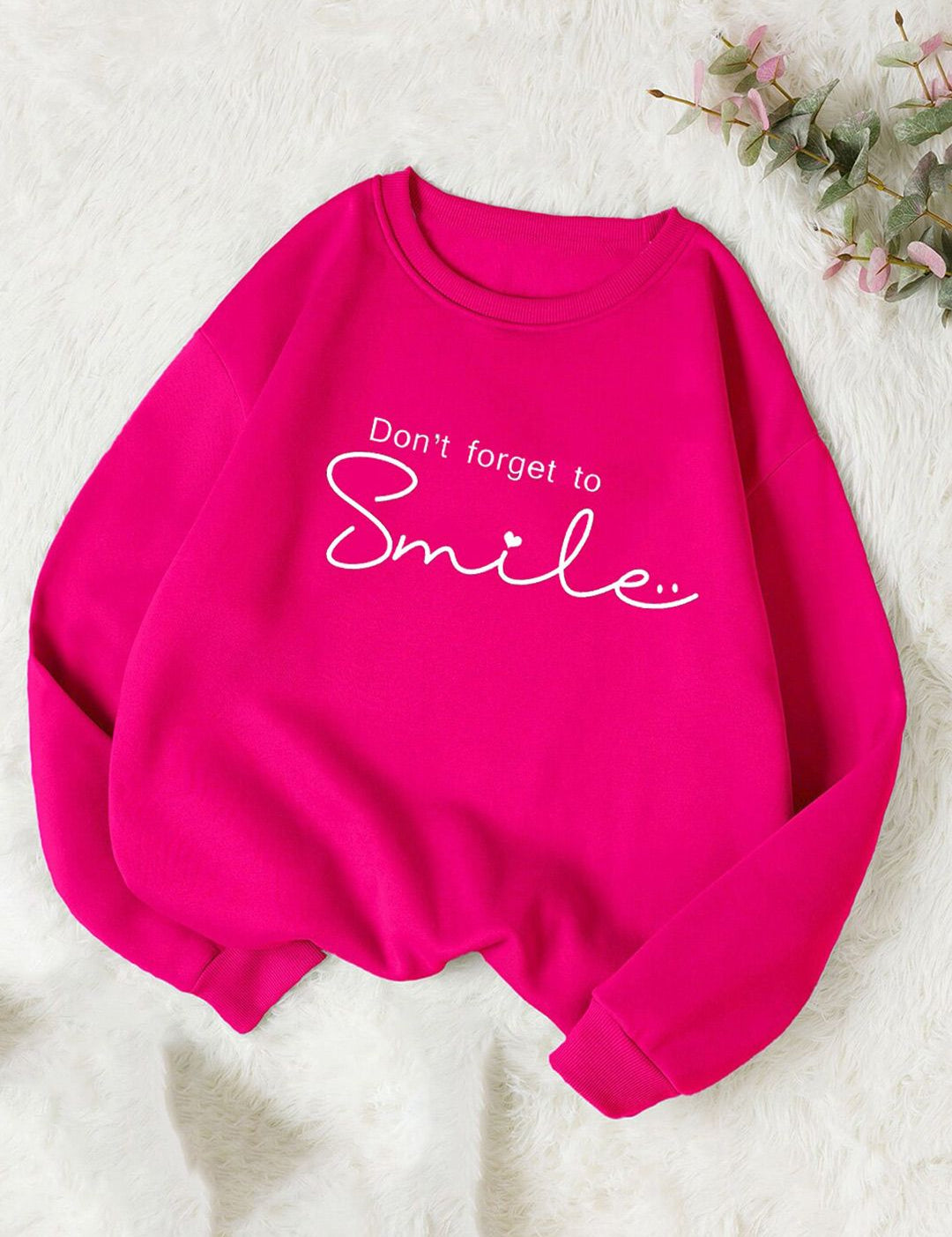 Kotty Pink Typography Printed Long Sleeves Fleece Pullover Sweatshirt