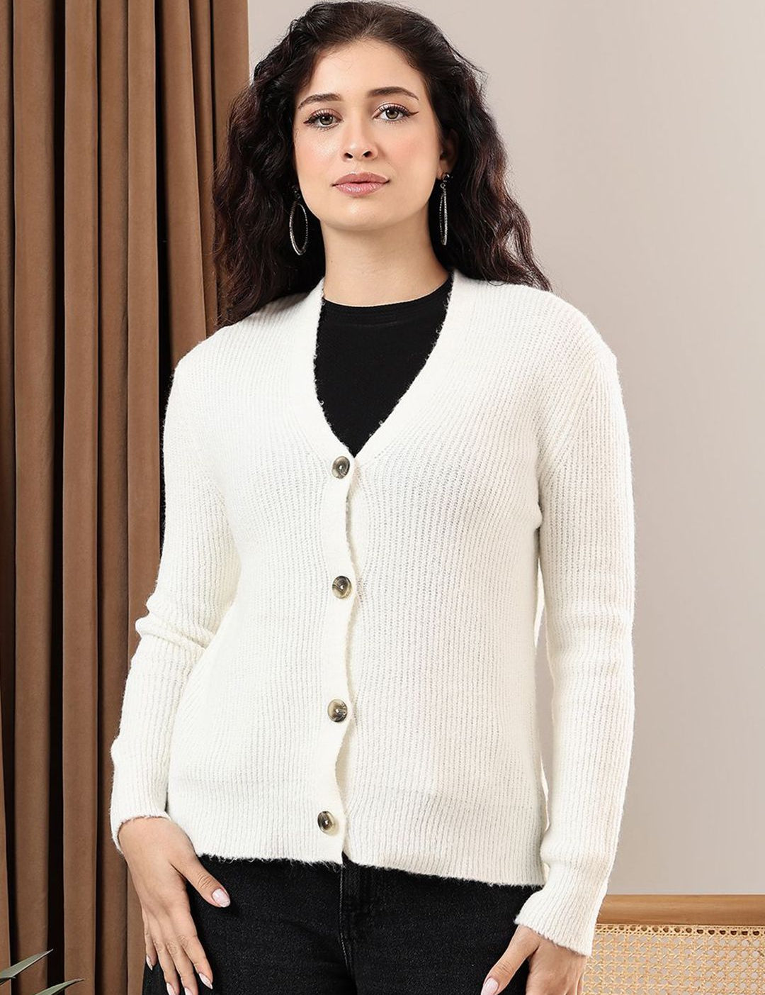 Kotty Women Ribbed V-Neck Long Sleeves Cardigan