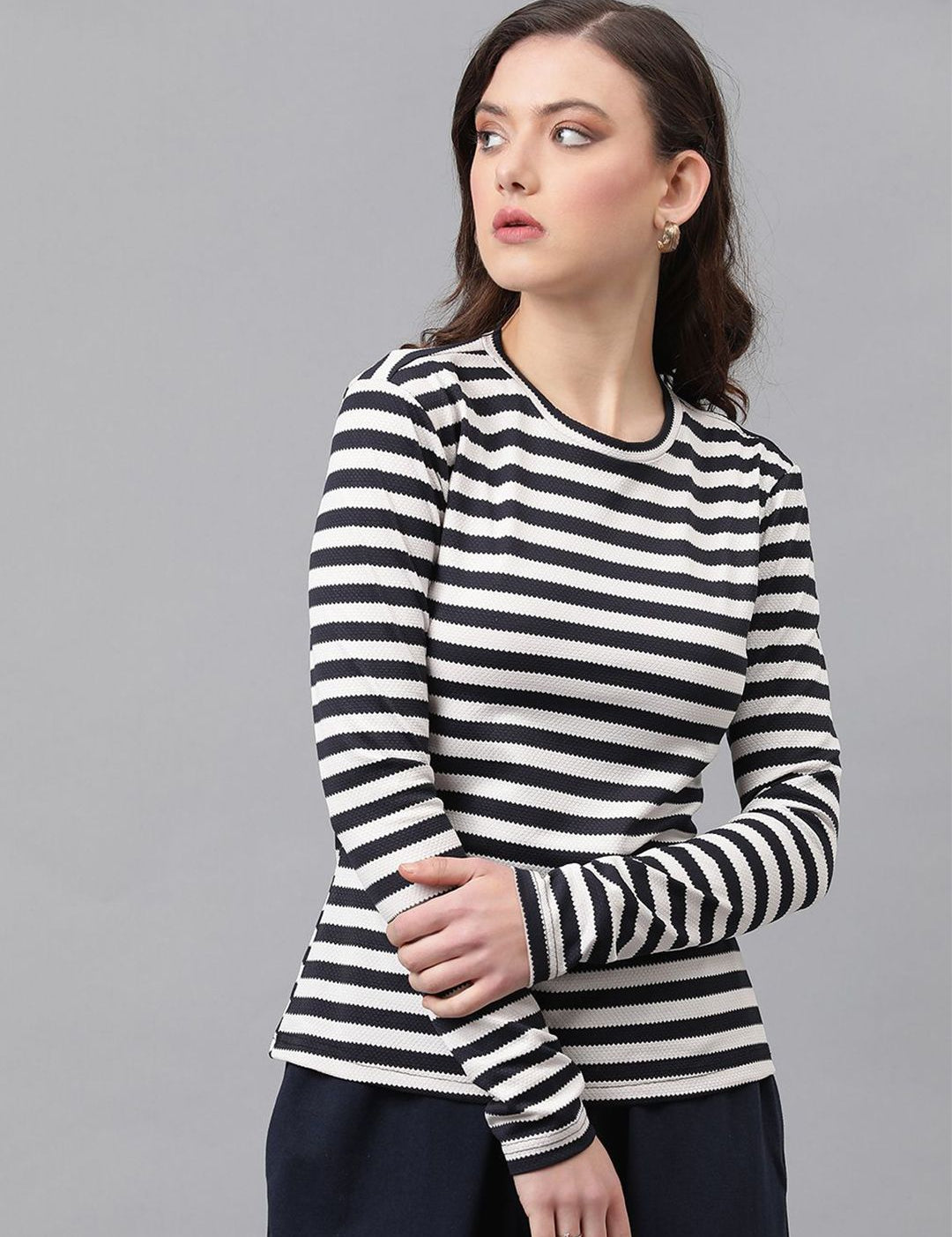 KOTTY Basics Striped Monochrome Round Neck Cotton Top