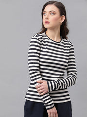 KOTTY Basics Striped Monochrome Round Neck Cotton Top
