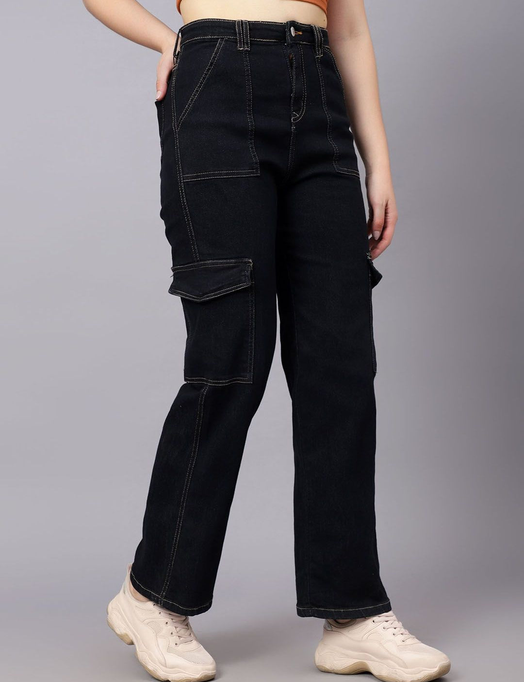 KOTTY Basics Women Straight Fit High-Rise Mildly Distressed Stretchable Cargo Styles Jeans