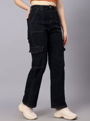 KOTTY Basics Women Straight Fit High-Rise Mildly Distressed Stretchable Cargo Styles Jeans