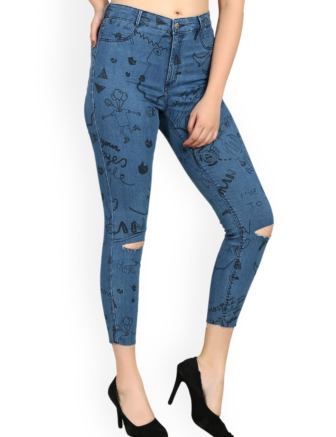 Kotty Women Blue Skinny Fit High-Rise Slash Knee Jeans