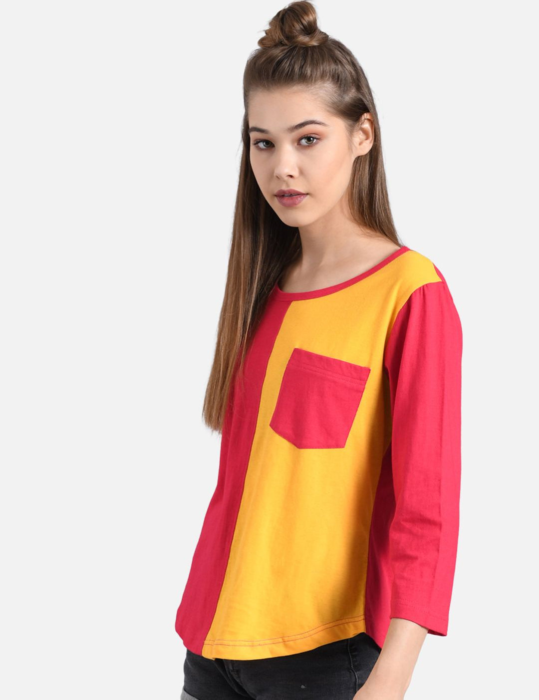 Kotty Women Pink & Yellow Colourblocked Round Neck T-shirt