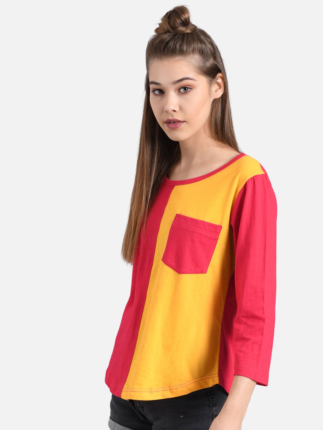 Kotty Women Pink & Yellow Colourblocked Round Neck T-shirt